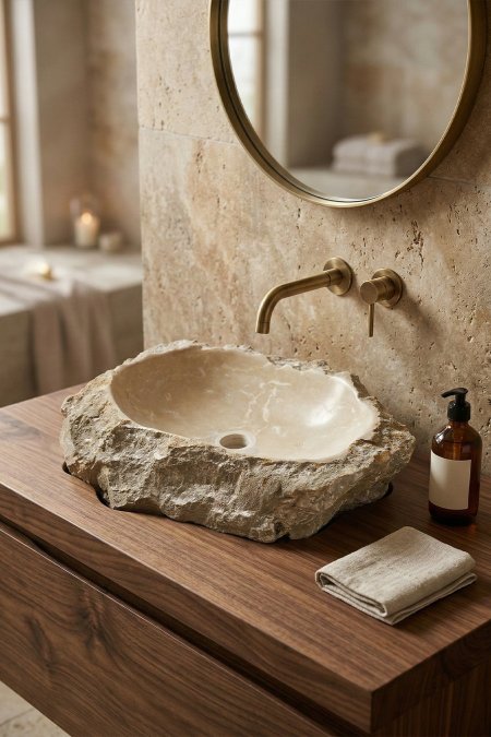 حوض مغسلة صخرة حجر طبيعي (Rock Sink) – 64×54 سم